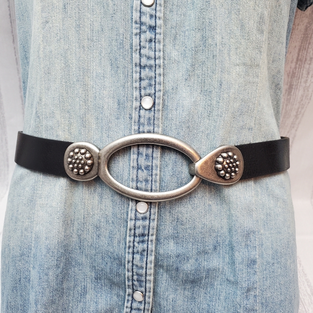 Black Genuine Leather Belt, Southwestern  Oval Silver Buck with side Medallion